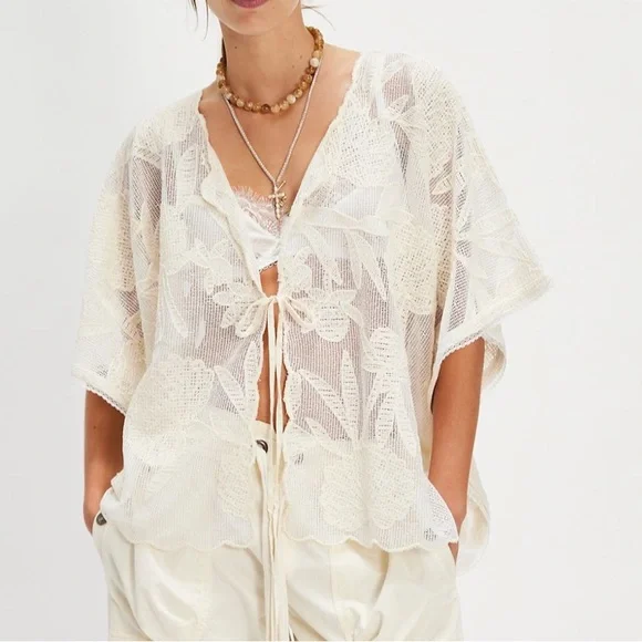 FREE PEOPLE WILLOW LACE TIE FRONT OPEN TOP OS - Picture 4 of 8